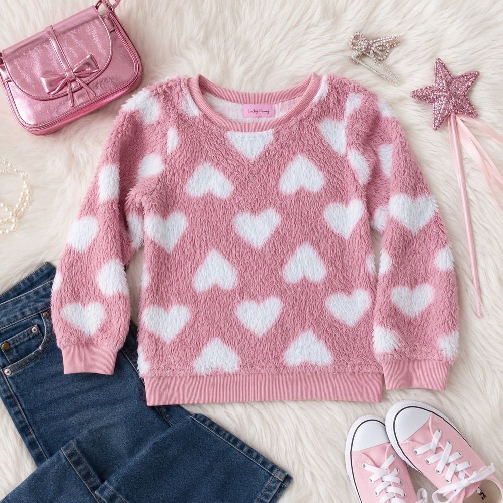 Lucky‎ Penny Girls Pink White Heart Fuzzy Fleece Pullover Sweatshirt Top